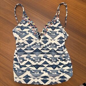 Lucky Brand Womens Blue White Geometric Tribal Embroidered Tankini Size Medium